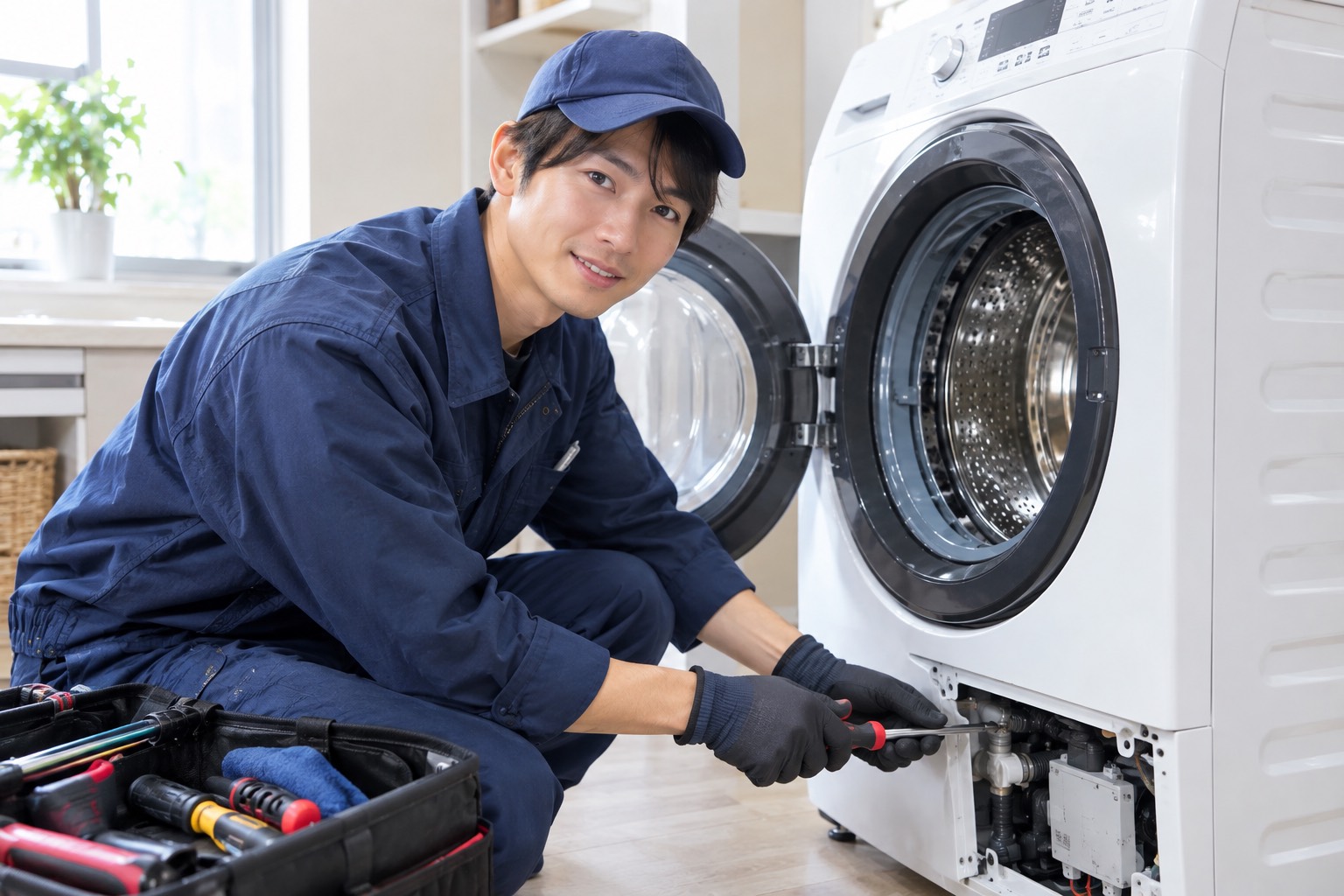 洗濯機を整備するスタッフ